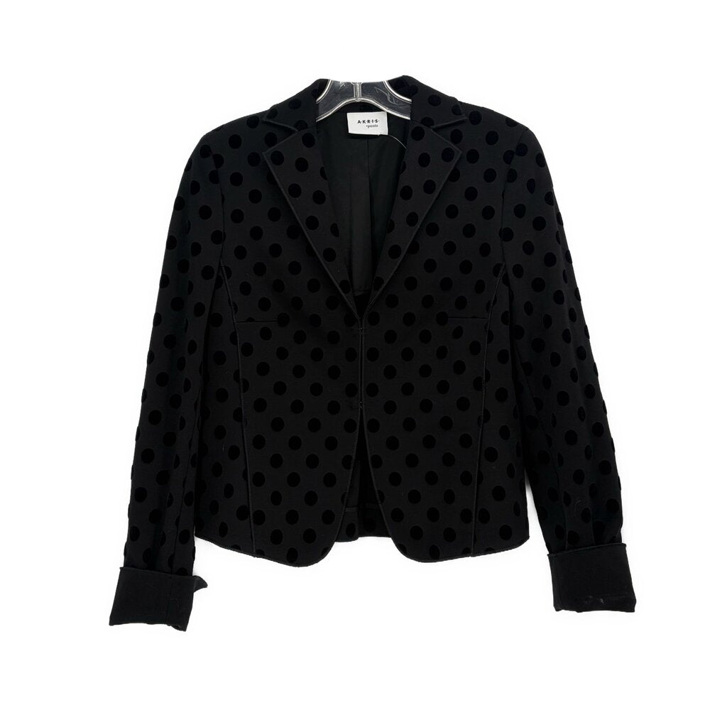 Black polka-dot blazer with notch lapels, button front, long sleeves and cuffs