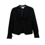 Black polka-dot blazer with notch lapels, button front, long sleeves and cuffs