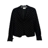 Black polka-dot blazer with notch lapels, button front, long sleeves and cuffs