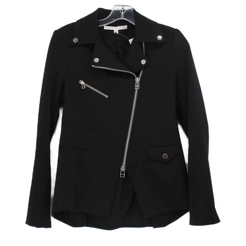 Women's black moto jacket with asymmetrical zip, snap lapels, and front pockets