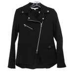 Women's black moto jacket with asymmetrical zip, snap lapels, and front pockets