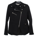 Women's black moto jacket with asymmetrical zip, snap lapels, and front pockets