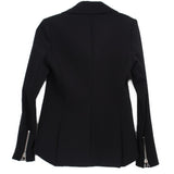 Black moto jacket back view with long sleeves and center back seam