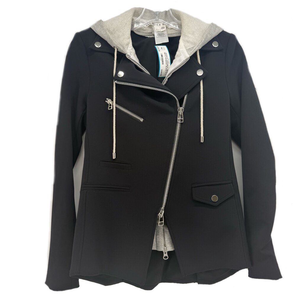 Black moto jacket with gray hooded dickey, zip front, zip pockets