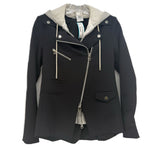 Black moto jacket with gray hooded dickey, zip front, zip pockets