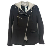 Black moto jacket with gray hooded dickey, zip front, zip pockets