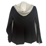 Black moto jacket with gray hooded dickey and exposed back seam details