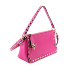 Pink small crossbody bag with studded edges, front flap and adjustable shoulder strap