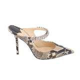 Snake-print pointed-toe mule with rhinestone trim at collar, open back, stiletto heel