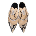 Pair of snake-print rhinestone pointed-toe heels with open back and stiletto heel
