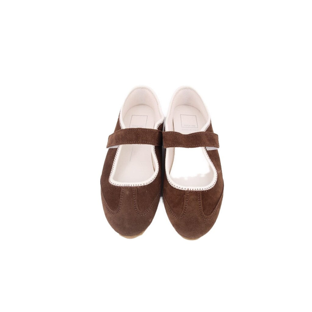 Pair of brown suede flats with cross-strap and round moc toe stitching