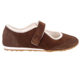 Brown suede flats with adjustable instep strap, moc-toe stitching, low sole
