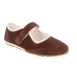 Brown suede flats with side cutout strap and stitched apron, low-profile sole