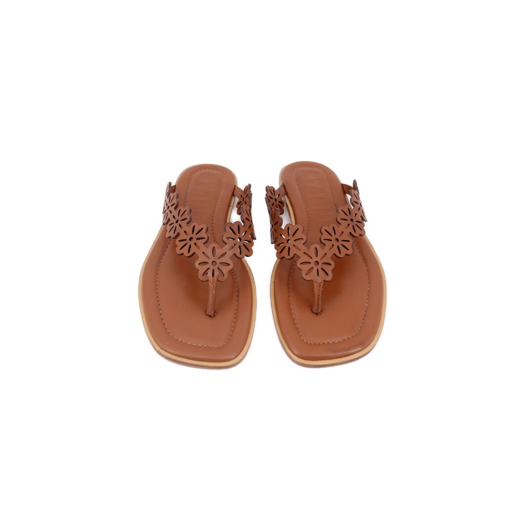 Pair of brown thong sandals with floral cutout top straps and toe post
