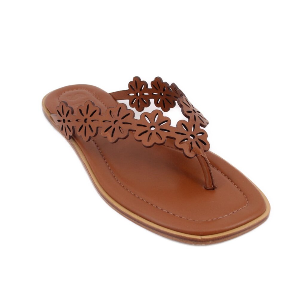 Brown thong sandals with floral cutout straps and flat leather sole