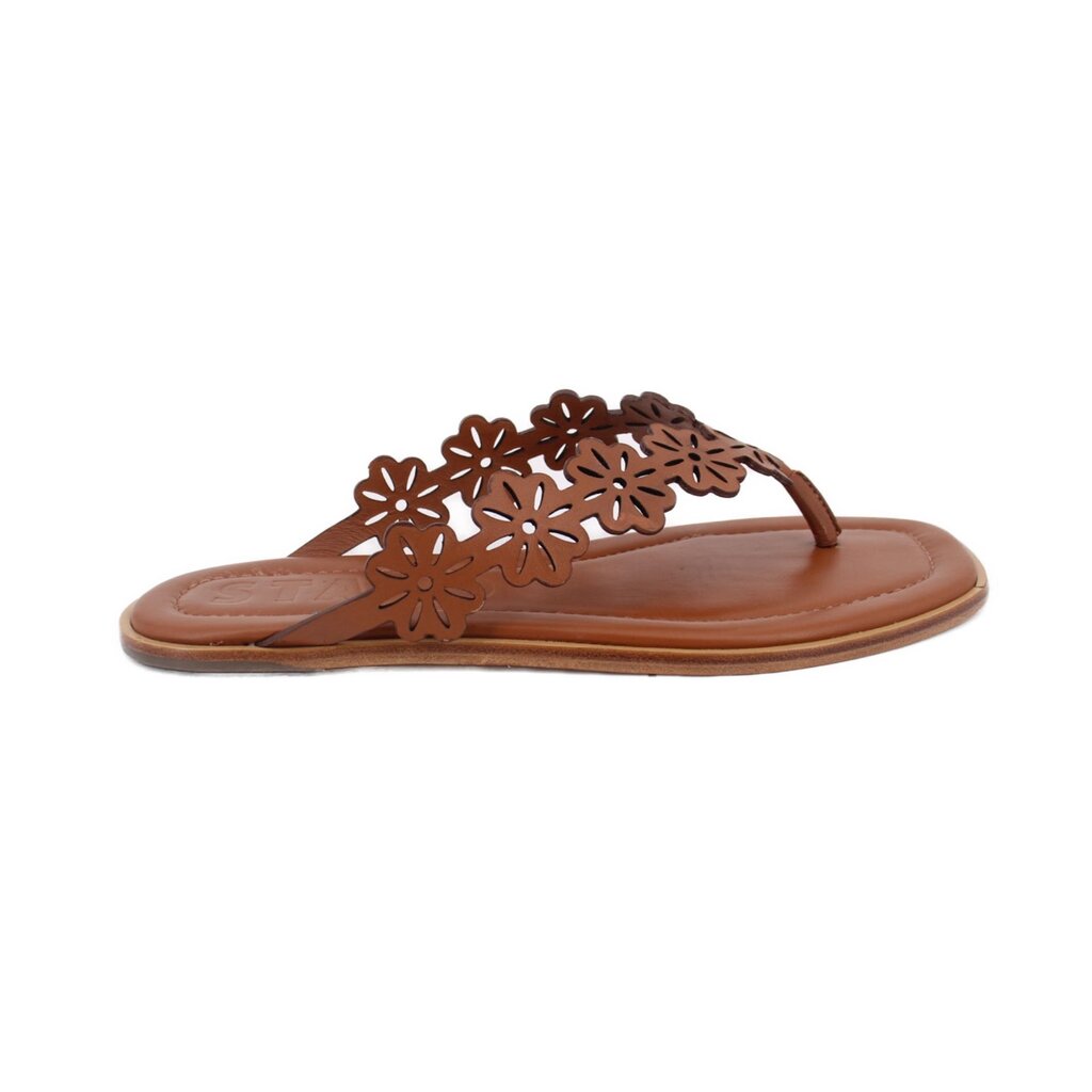 Brown thong sandals with floral applique toe strap and flat sole