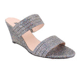 Silver wedge sandals with open toe and wide rhinestone strap