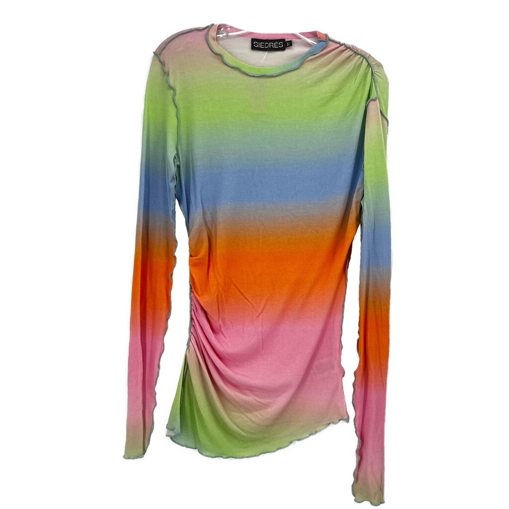 SIEDRES long-sleeve top, rainbow gradient with ruched side drape and crew neck
