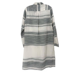 Striped tunic top back view with collar, long sleeves, white with dark gray stripes