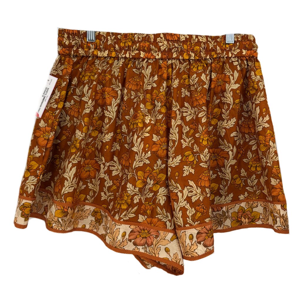 Orange-brown floral print shorts, elasticated waistband with drawstring ties