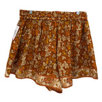 Orange-brown floral print shorts, elasticated waistband with drawstring ties