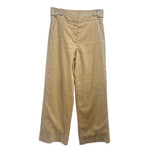 Tan linen-look high-rise pants with belt loops and button closure, straight leg