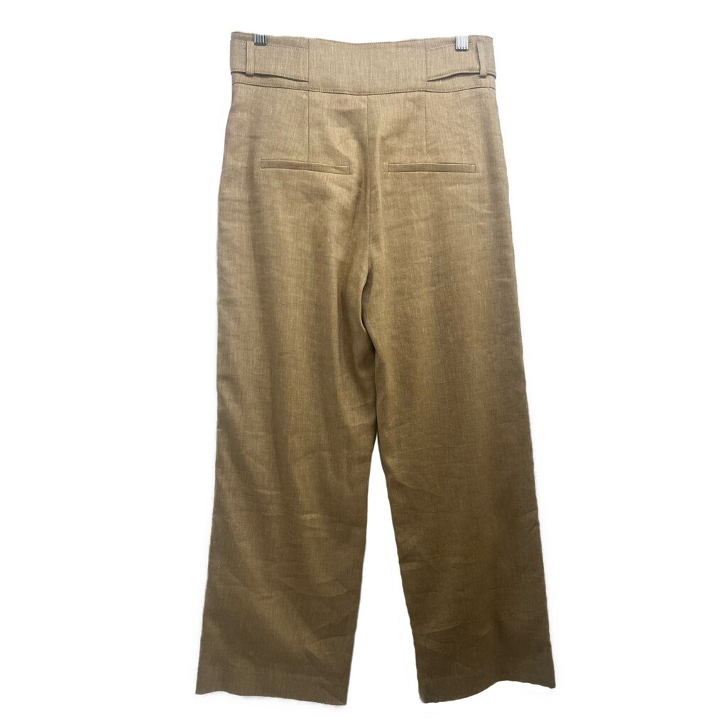 Tan high-rise pants with back welt pockets and belt loops, straight leg back view