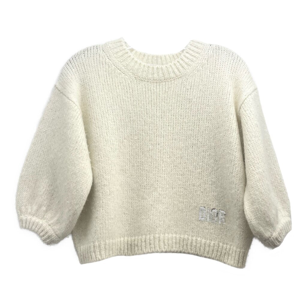 DIOR sparkle sweater in cream with ribbed crew neck and cuffs, front logo
