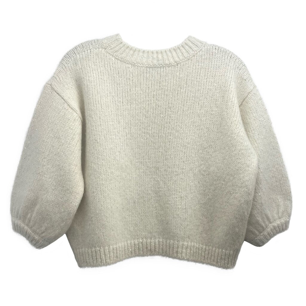 DIOR sparkle sweater in cream knit with ribbed crew neck, balloon sleeves, back view