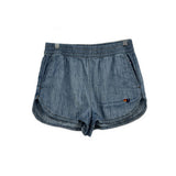 Blue denim shorts with elastic waistband and small logo patch