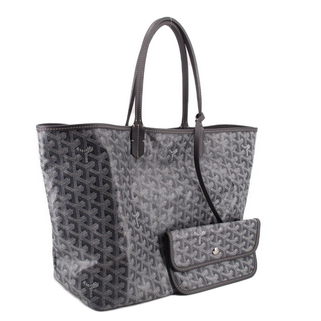 Gray patterned tote with top handles and matching mini pouch