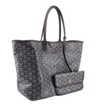 Gray patterned tote with top handles and matching mini pouch