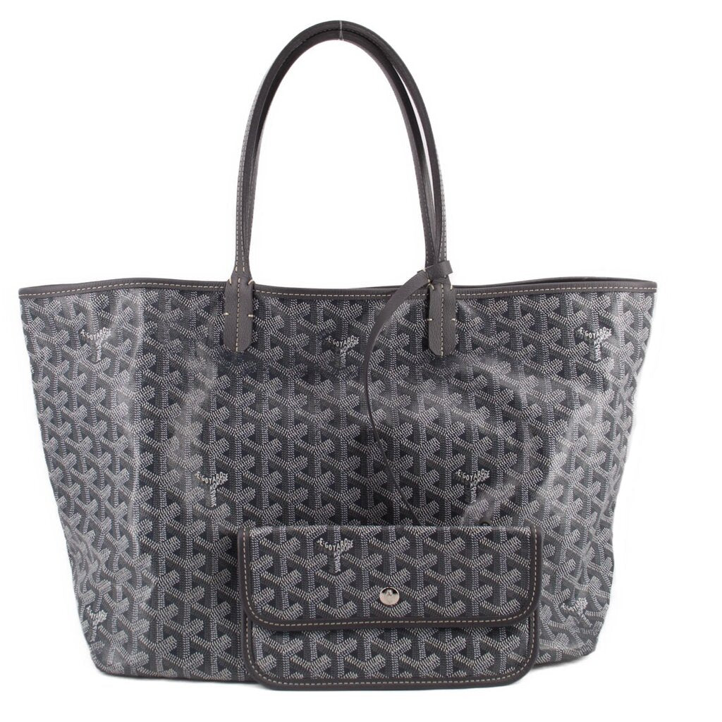 Gray patterned Goyard St. Louis tote with top handles and front leather tab