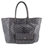Gray patterned Goyard St. Louis tote with top handles and front leather tab