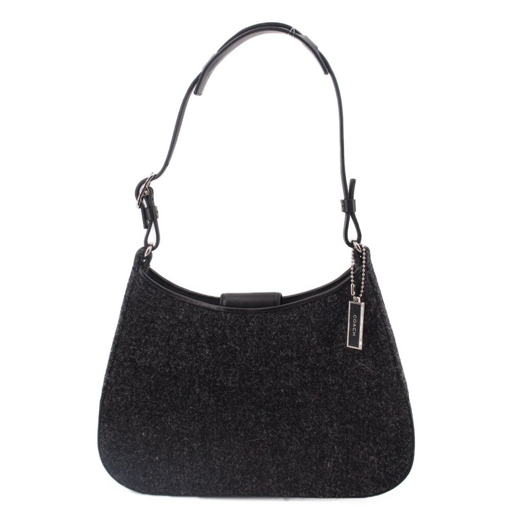 COACH demi shoulder bag, dark gray textured fabric with black leather trim and hanging tag