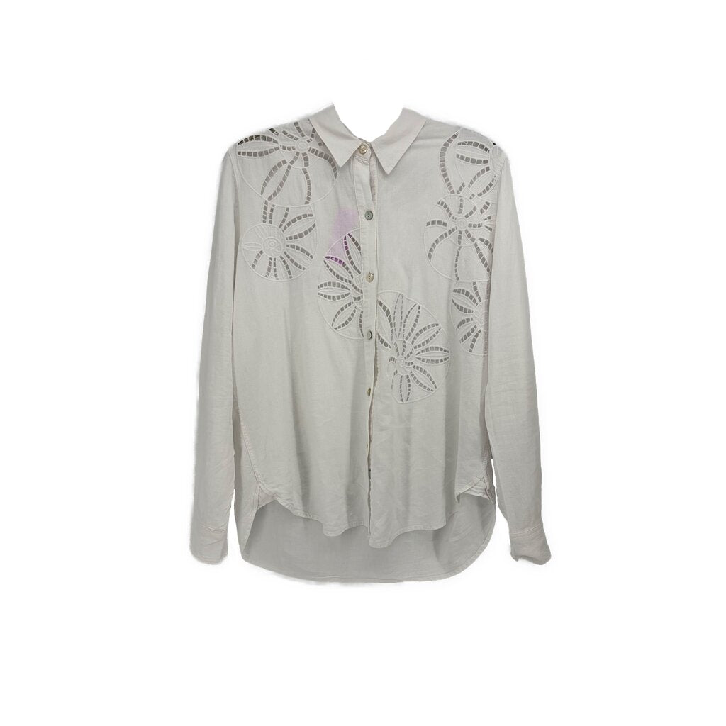 White long sleeve button-front top with embroidered leaf pattern and camp collar