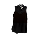 Black sleeveless button-up top with pointed collar and contrast mid panel