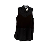 Black sleeveless button-up top with pointed collar and contrast mid panel