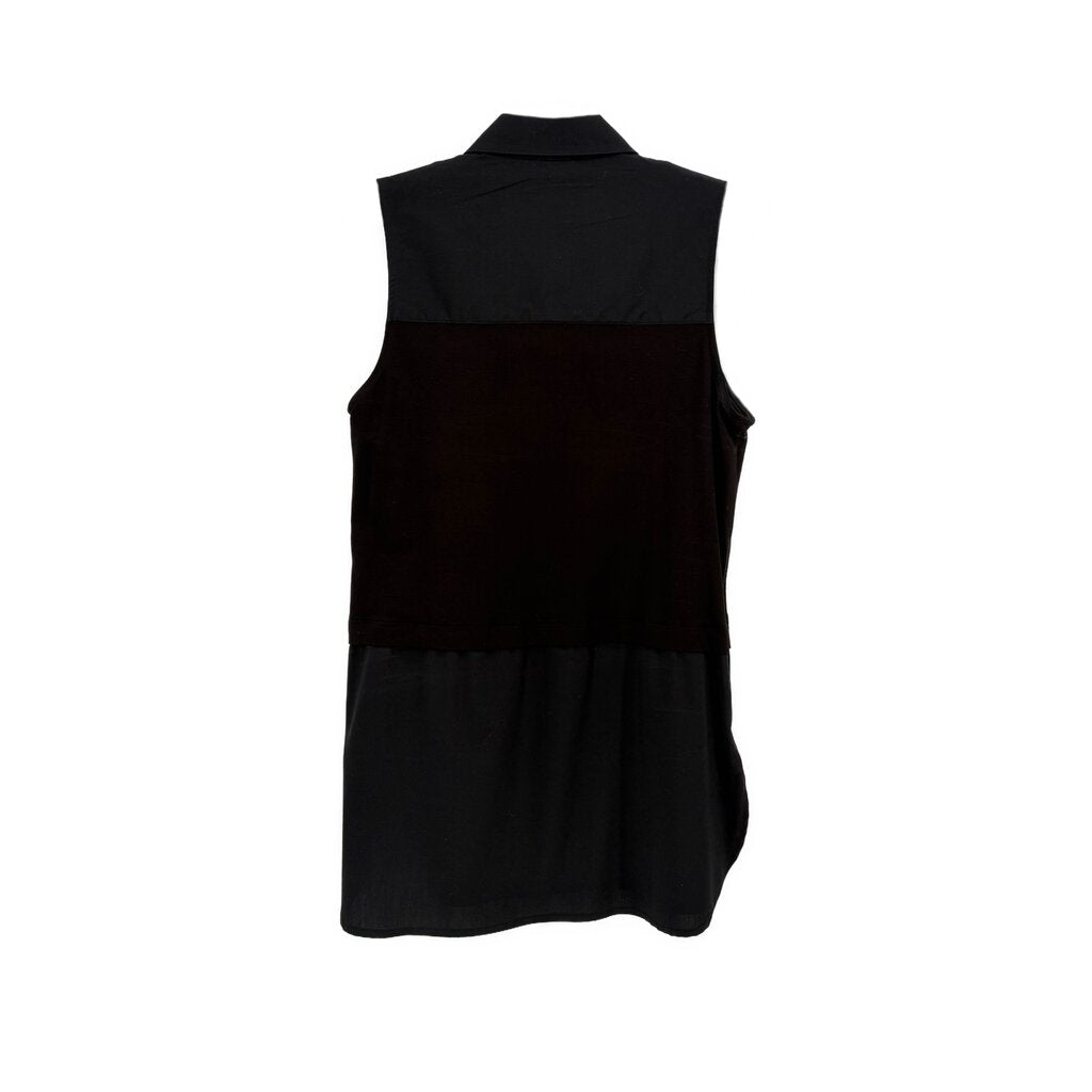 Black sleeveless top with banded dark center panel and back yoke