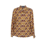 Orange patterned button-front long-sleeve shirt with stand collar