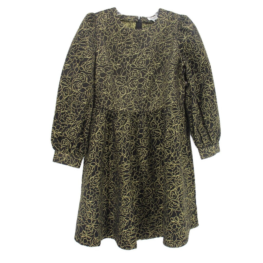 Black dress with gold rose print, long sleeves, round neckline, A-line