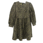 Black dress with gold rose print, long sleeves, round neckline, A-line