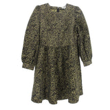Black dress with gold rose print, long sleeves, round neckline, A-line