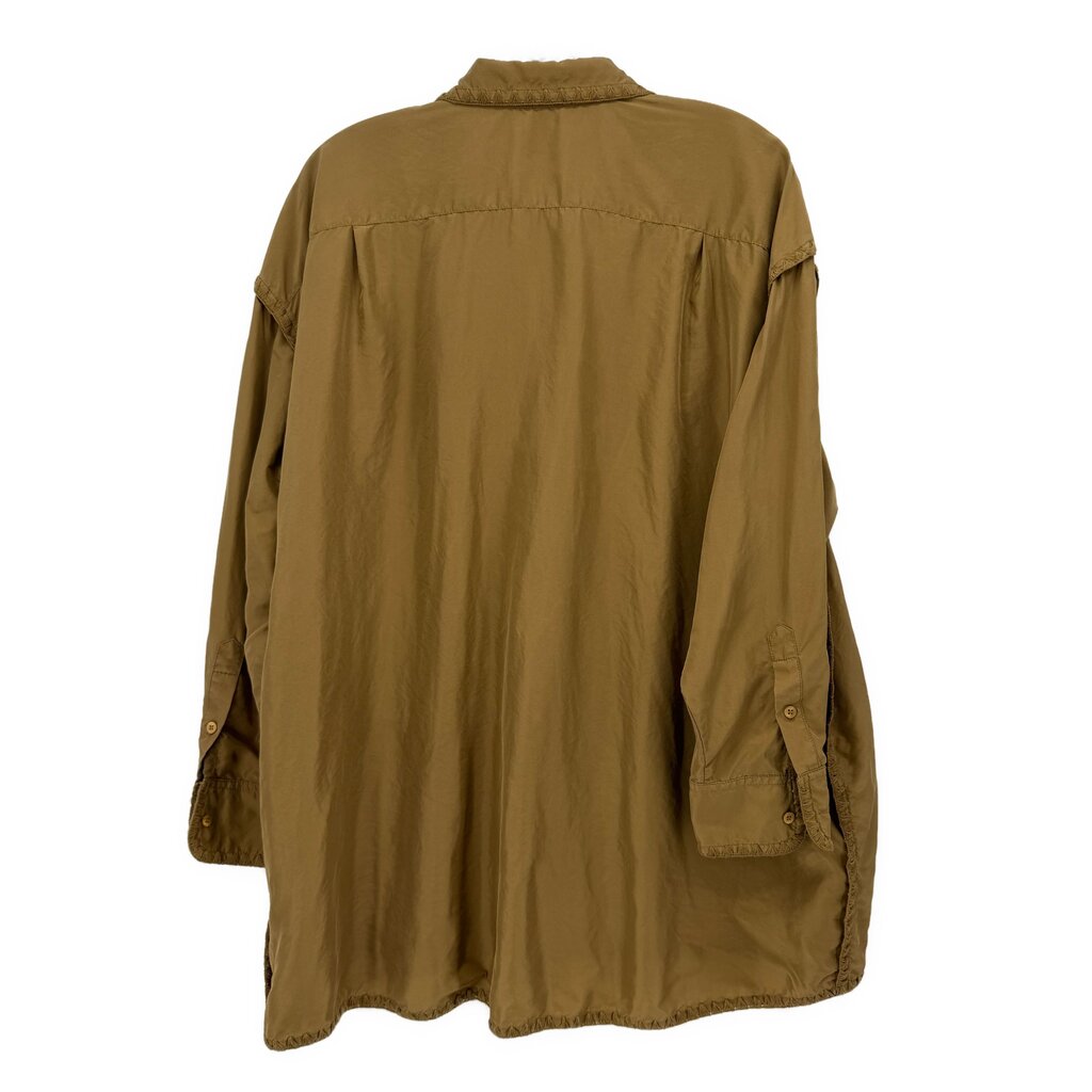 Camel long sleeve top with yoke seam, button back, side patch pocket, relaxed fit