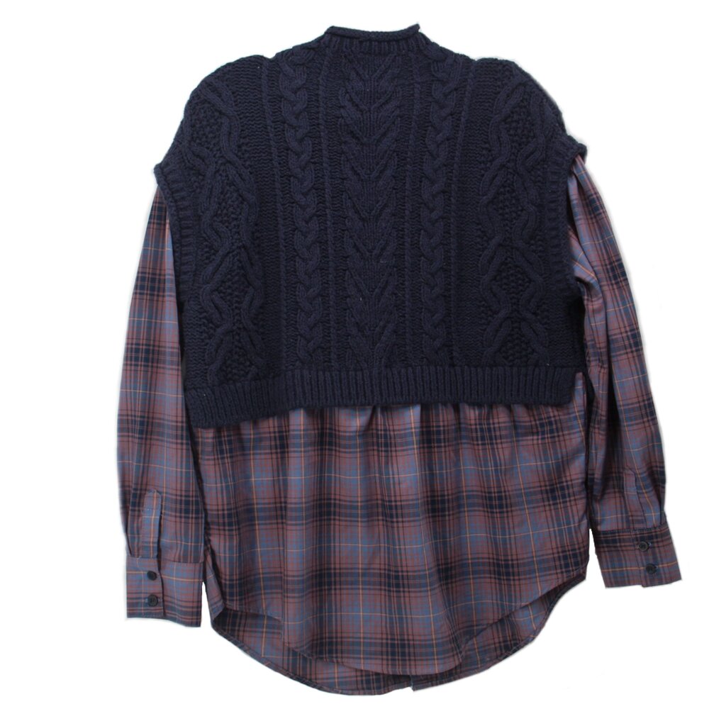 Navy cable-knit sweater vest layered over plaid button-up shirt, long sleeves, back view