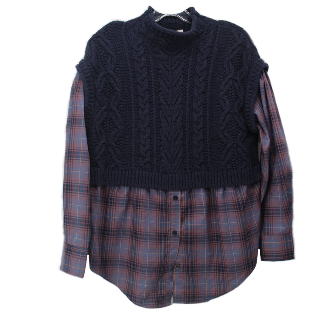 MAEVE layered sweater: navy cable-knit top over plaid button-down, long sleeves