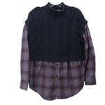 MAEVE layered sweater: navy cable-knit top over plaid button-down, long sleeves