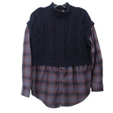 MAEVE layered sweater: navy cable-knit top over plaid button-down, long sleeves