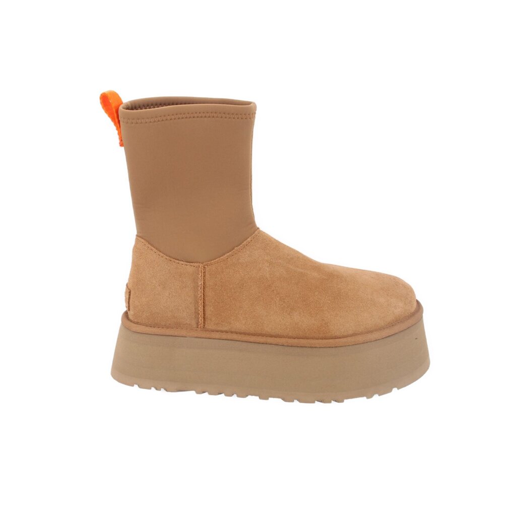 Tan suede ankle boots with orange pull tab, stitched panel, and chunky lug sole