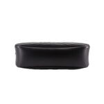 Black leather camera crossbody bag back panel with minimal branding and smooth finish.